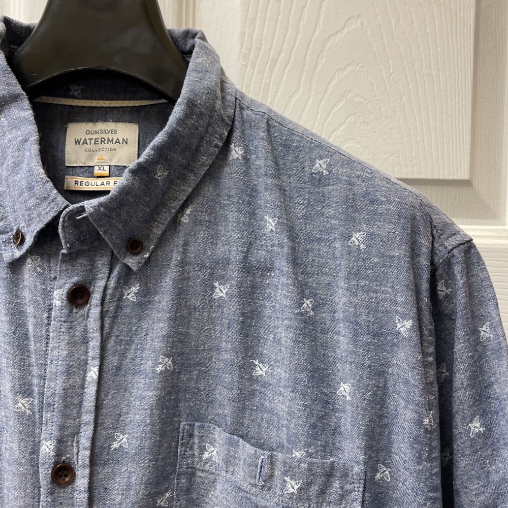 Quicksilver Waterman Men's XL Light Blue Comfort Button Up Short Sleeve Hemp